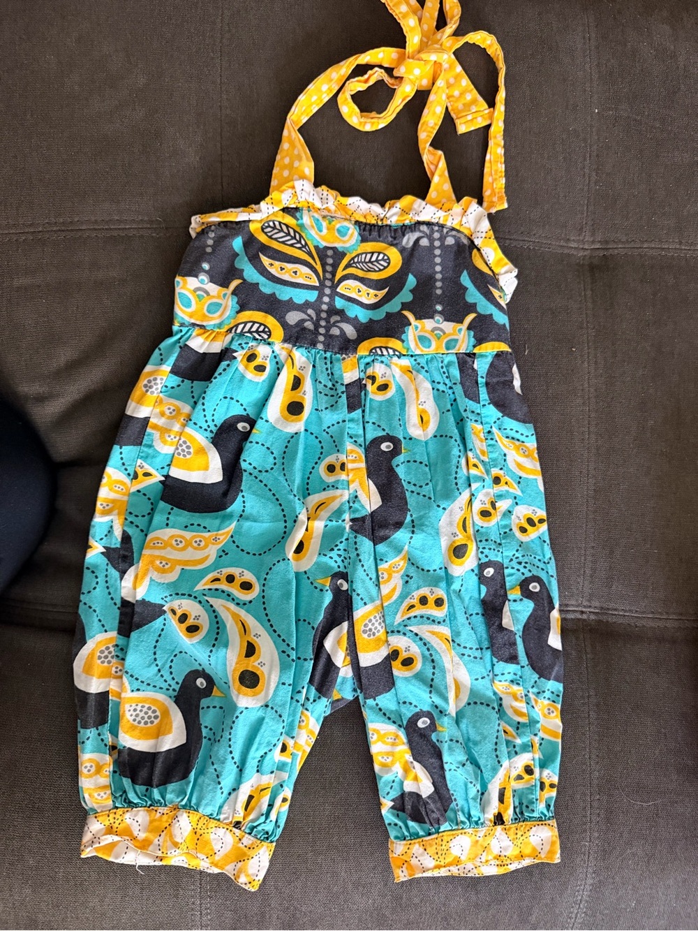 Jelly The Pug Teal and Yellow Bird-Print Halter Romper